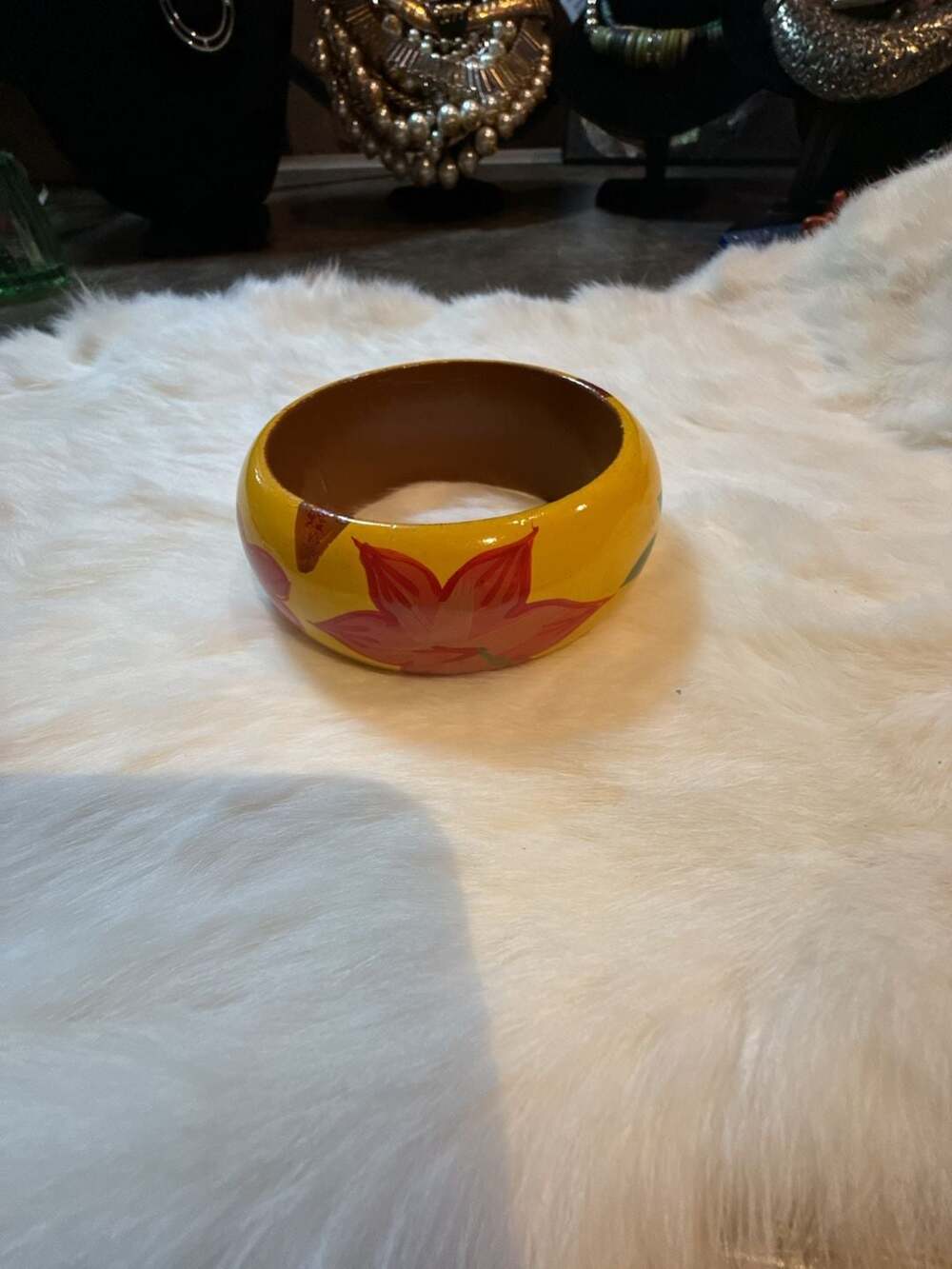 Vintage Hand Painted Wooden Bangle Bracelet Yellow Red Floral Leaf Boho
